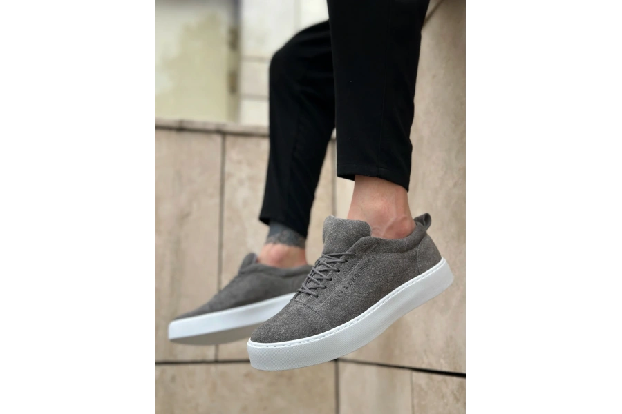 Shoecide Sb0104 Bağcıklı Gri Süet Beyaz Taban Spor Klasik Erkek Ayakkabı