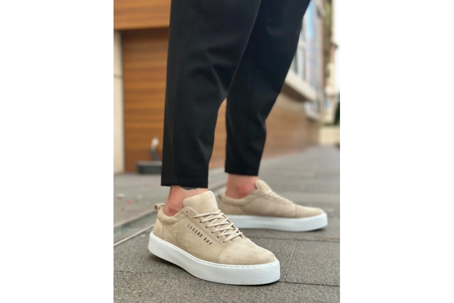 Shoecide Sb0104 Bağcıklı Krem Süet Beyaz Taban Spor Klasik Erkek Ayakkabı