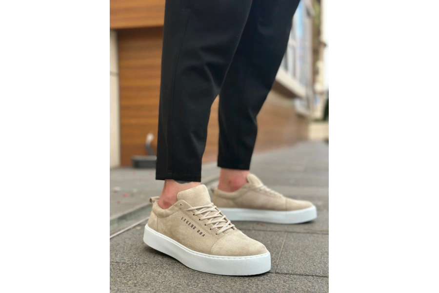 Shoecide Sb0104 Bağcıklı Krem Süet Beyaz Taban Spor Klasik Erkek Ayakkabı