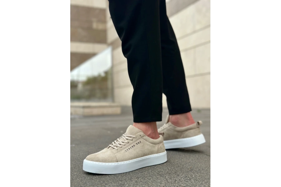 Shoecide Sb0104 Bağcıklı Krem Süet Beyaz Taban Spor Klasik Erkek Ayakkabı