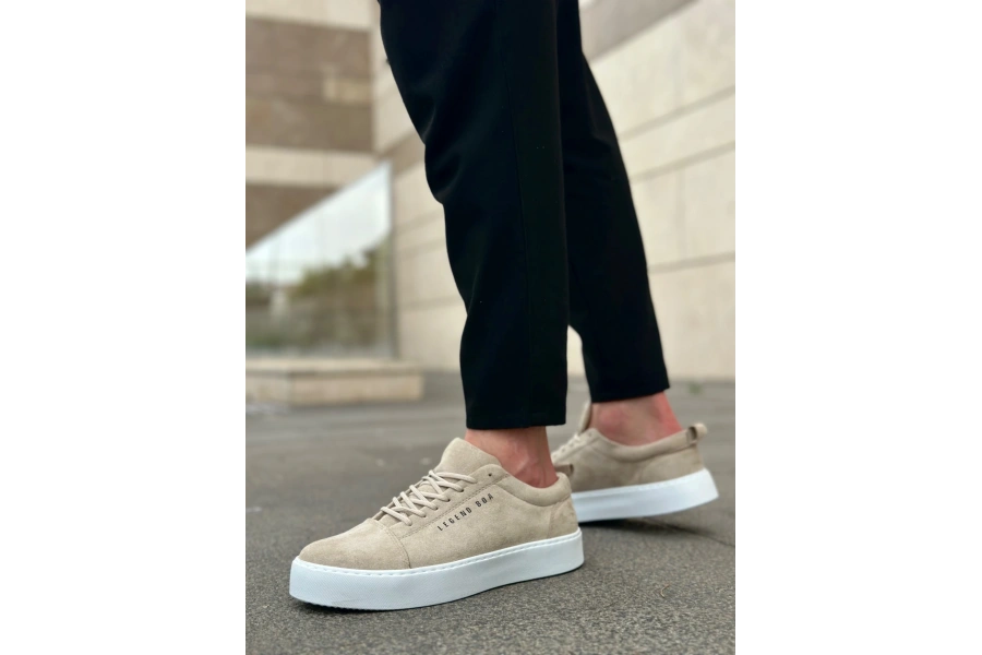 Shoecide Sb0104 Bağcıklı Krem Süet Beyaz Taban Spor Klasik Erkek Ayakkabı