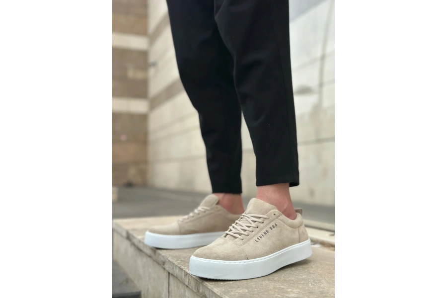 Shoecide Sb0104 Bağcıklı Krem Süet Beyaz Taban Spor Klasik Erkek Ayakkabı
