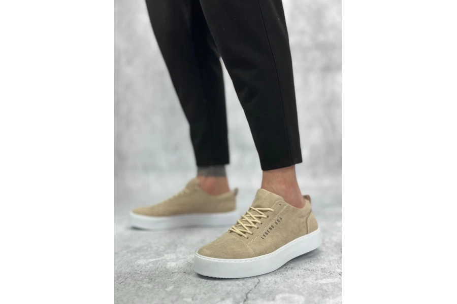 Shoecide Sb0104 Bağcıklı Krem Süet Beyaz Taban Spor Klasik Erkek Ayakkabı