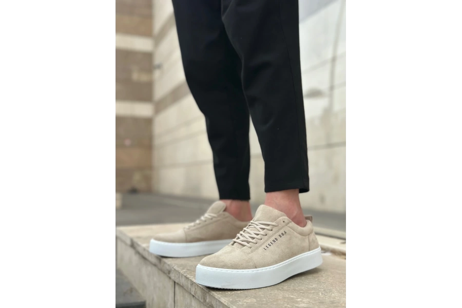 Shoecide Sb0104 Bağcıklı Krem Süet Beyaz Taban Spor Klasik Erkek Ayakkabı