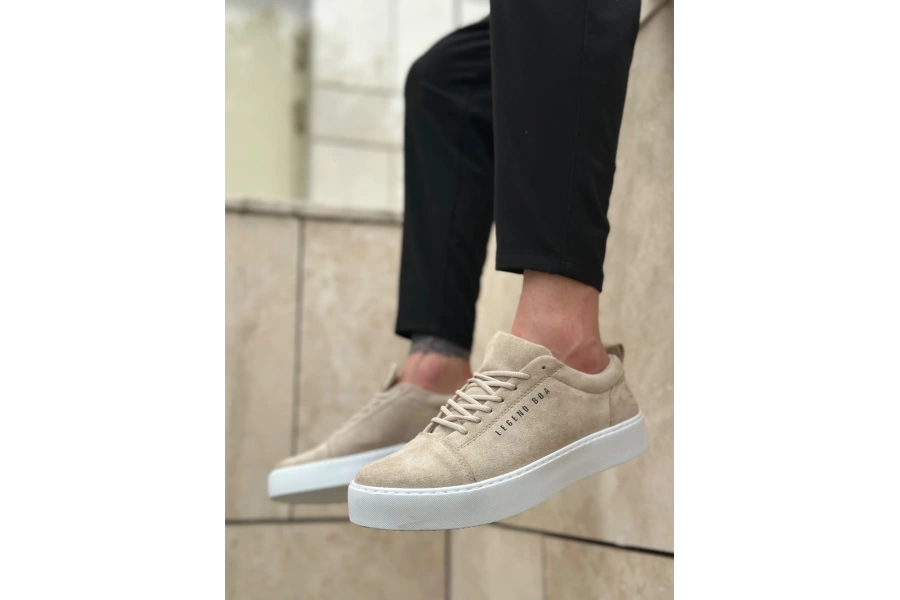 Shoecide Sb0104 Bağcıklı Krem Süet Beyaz Taban Spor Klasik Erkek Ayakkabı