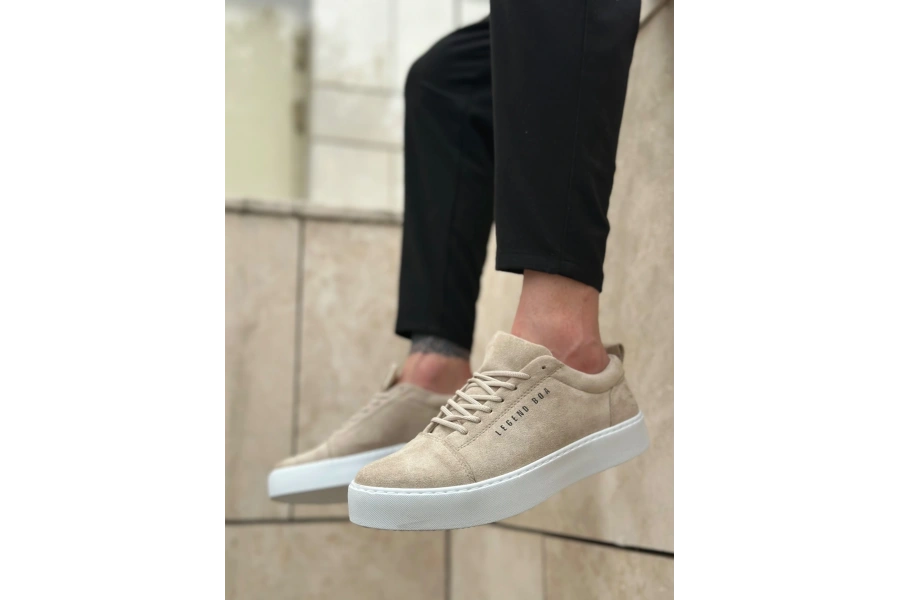 Shoecide Sb0104 Bağcıklı Krem Süet Beyaz Taban Spor Klasik Erkek Ayakkabı
