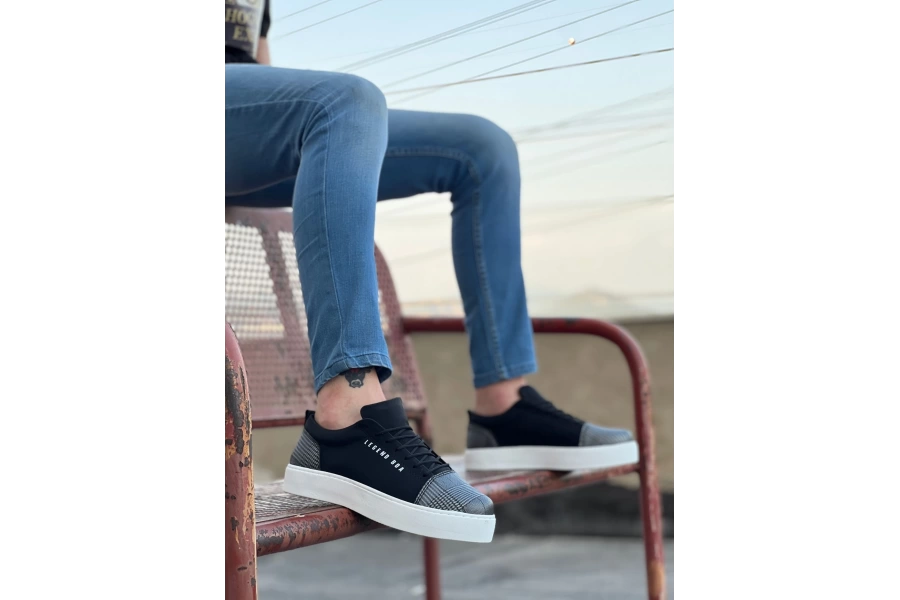 Shoecide Sb0104 Bağcıklı Siyah Ekose Süet Beyaz Taban Spor Klasik Erkek Ayakkabı