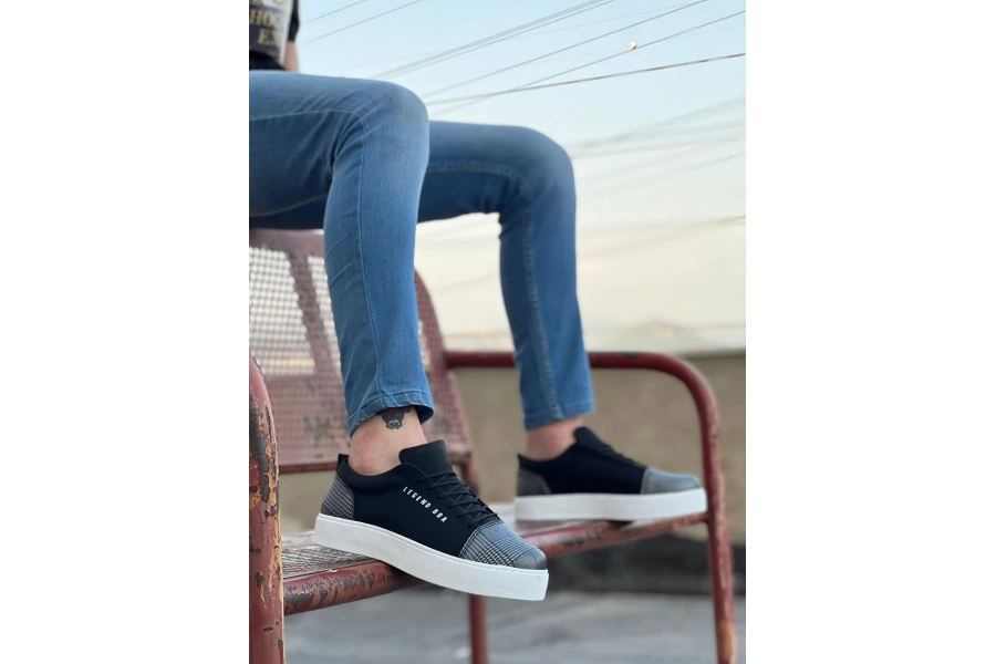Shoecide Sb0104 Bağcıklı Siyah Ekose Süet Beyaz Taban Spor Klasik Erkek Ayakkabı