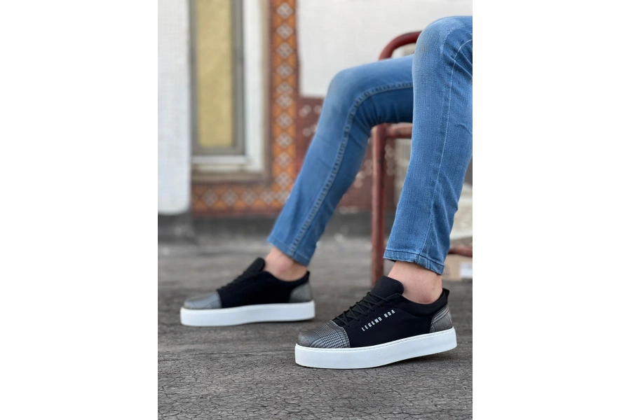 Shoecide Sb0104 Bağcıklı Siyah Ekose Süet Beyaz Taban Spor Klasik Erkek Ayakkabı