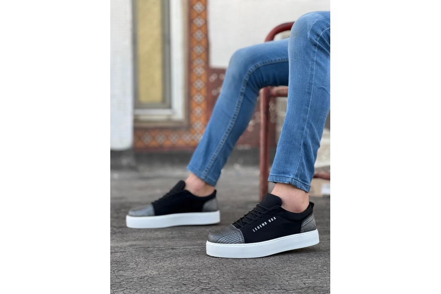 Shoecide Sb0104 Bağcıklı Siyah Ekose Süet Beyaz Taban Spor Klasik Erkek Ayakkabı