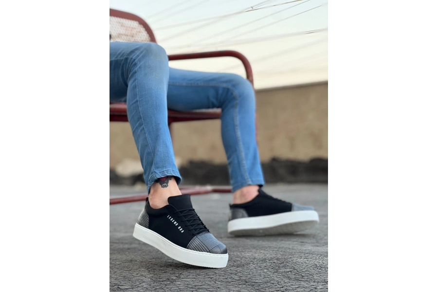 Shoecide Sb0104 Bağcıklı Siyah Ekose Süet Beyaz Taban Spor Klasik Erkek Ayakkabı