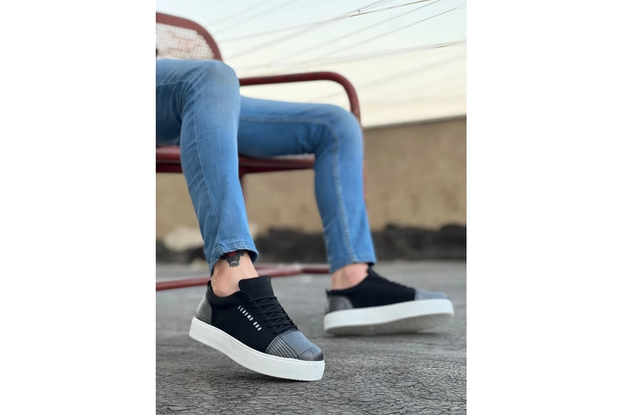Shoecide Sb0104 Bağcıklı Siyah Ekose Süet Beyaz Taban Spor Klasik Erkek Ayakkabı