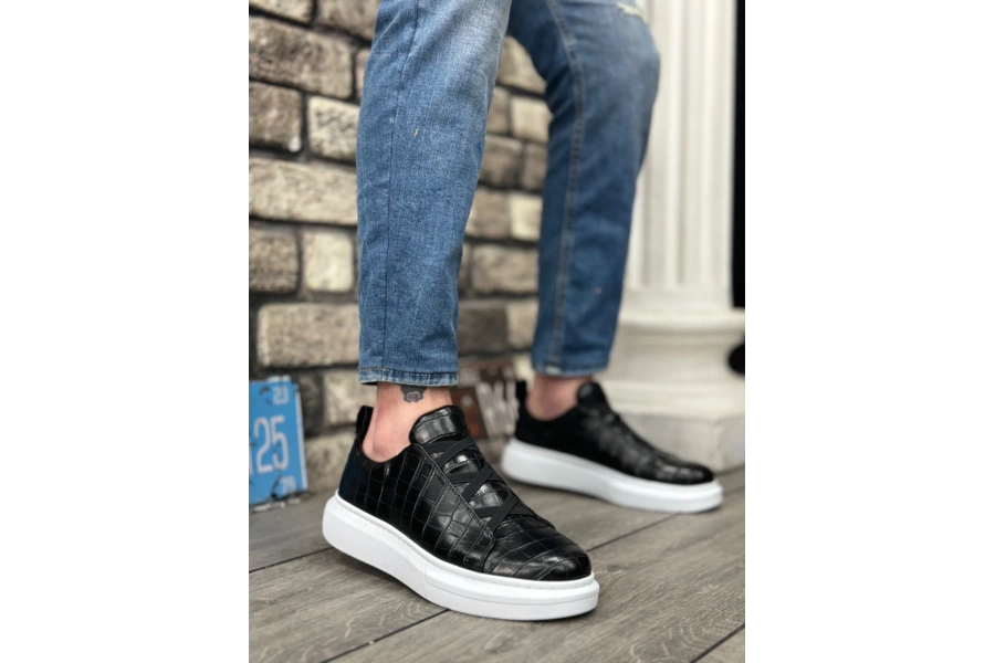 Shoecide Sb0134 Boa Kalın Yüksek Beyaz Taban Desenli Çapraz Bant Siyah Erkek Ayakkabı