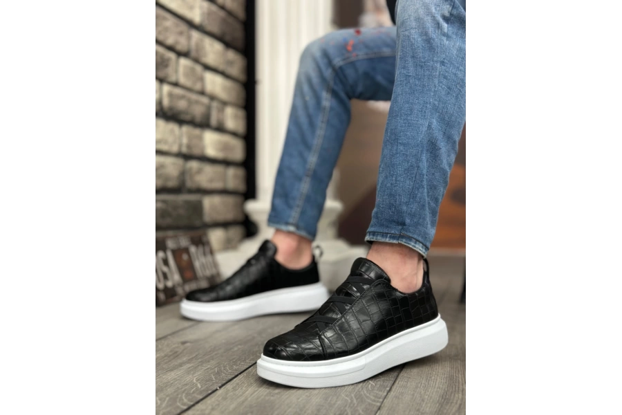 Shoecide Sb0134 Boa Kalın Yüksek Beyaz Taban Desenli Çapraz Bant Siyah Erkek Ayakkabı