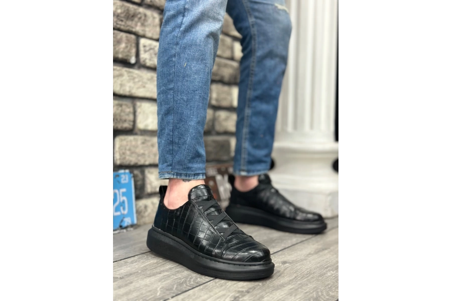 Shoecide Sb0134 Boa Kalın Yüksek Taban Desenli Çapraz Bant Siyah Erkek Ayakkabı