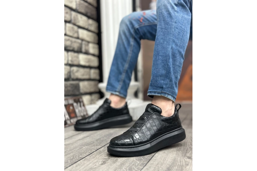 Shoecide Sb0134 Boa Kalın Yüksek Taban Desenli Çapraz Bant Siyah Erkek Ayakkabı