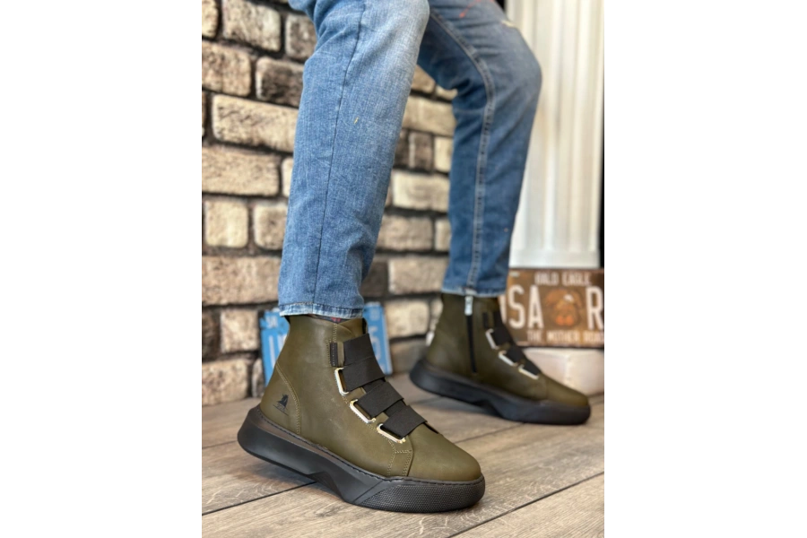 Shoecide Sb0142 Bantlı Erkek Yüksek Taban Haki Spor Bot