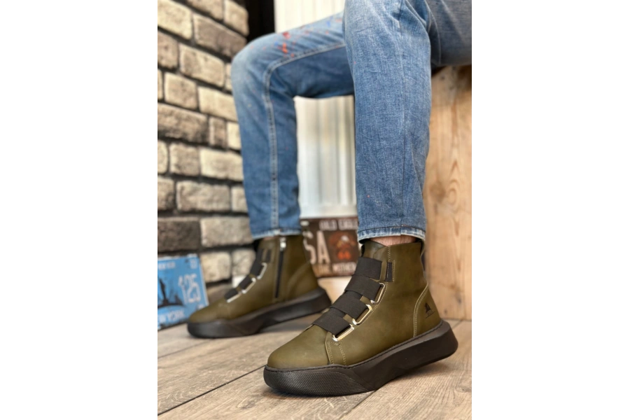 Shoecide Sb0142 Bantlı Erkek Yüksek Taban Haki Spor Bot