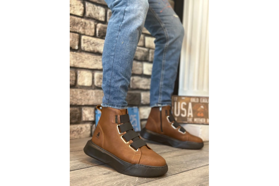 Shoecide Sb0142 Bantlı Erkek Yüksek Taban Kahverengi Spor Bot