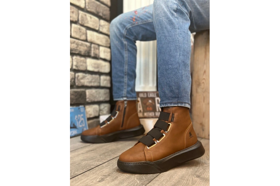 Shoecide Sb0142 Bantlı Erkek Yüksek Taban Kahverengi Spor Bot