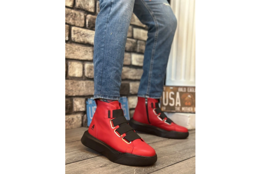 Shoecide Sb0142 Bantlı Erkek Yüksek Taban Kırmızı Spor Bot