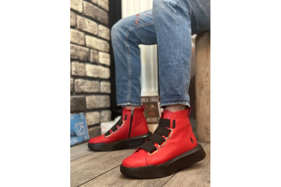 Shoecide Sb0142 Bantlı Erkek Yüksek Taban Kırmızı Spor Bot