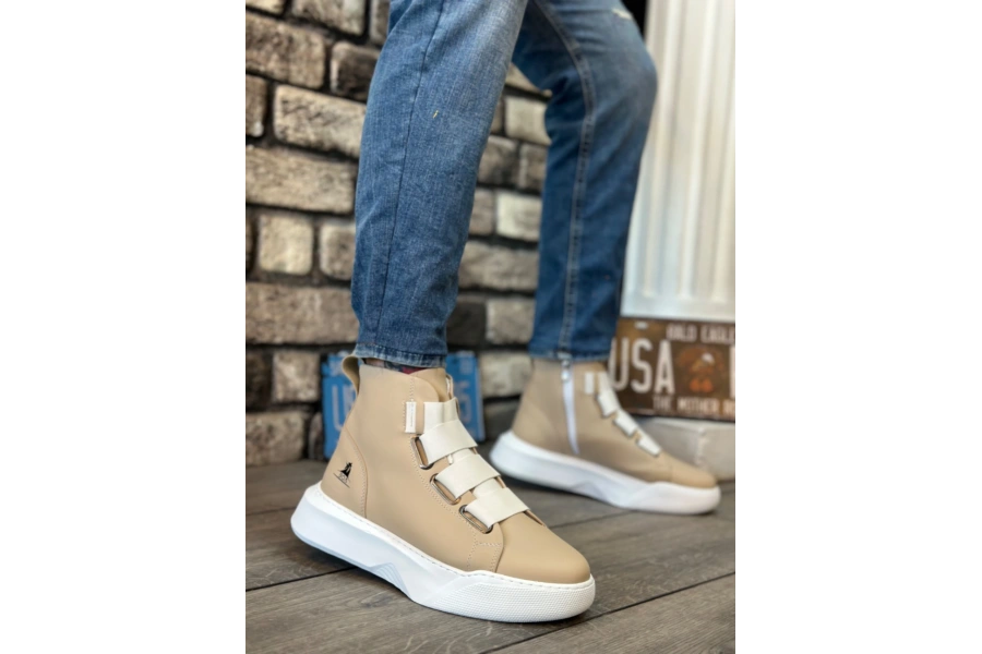 Shoecide Sb0142 Bantlı Erkek Yüksek Taban Krem Beyaz Spor Bot
