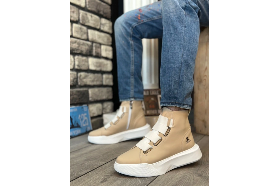 Shoecide Sb0142 Bantlı Erkek Yüksek Taban Krem Beyaz Spor Bot