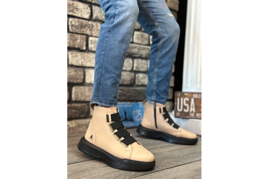 Shoecide Sb0142 Bantlı Erkek Yüksek Taban Krem Spor Bot