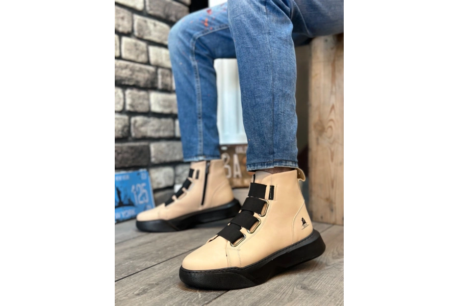 Shoecide Sb0142 Bantlı Erkek Yüksek Taban Krem Spor Bot