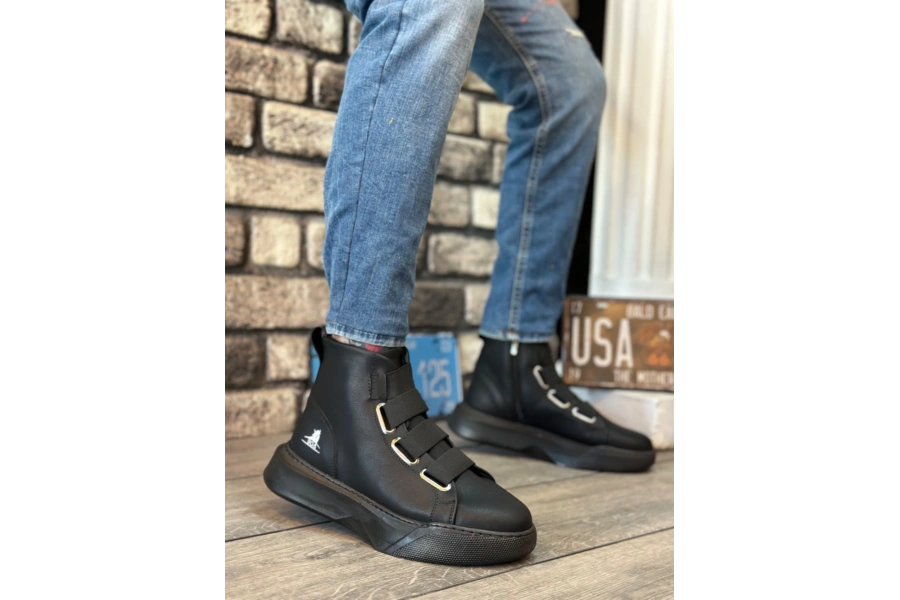 Shoecide Sb0142 Bantlı Erkek Yüksek Taban Siyah Tabanlı Spor Bot