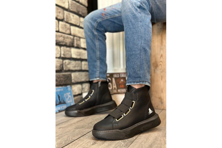 Shoecide Sb0142 Bantlı Erkek Yüksek Taban Siyah Tabanlı Spor Bot
