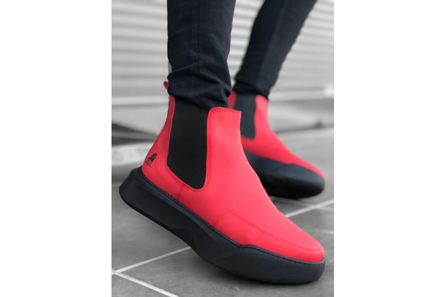 Shoecide Sb0150 Bağcıksız Bantlı Erkek Yüksek Taban Kırmızı Spor Bot