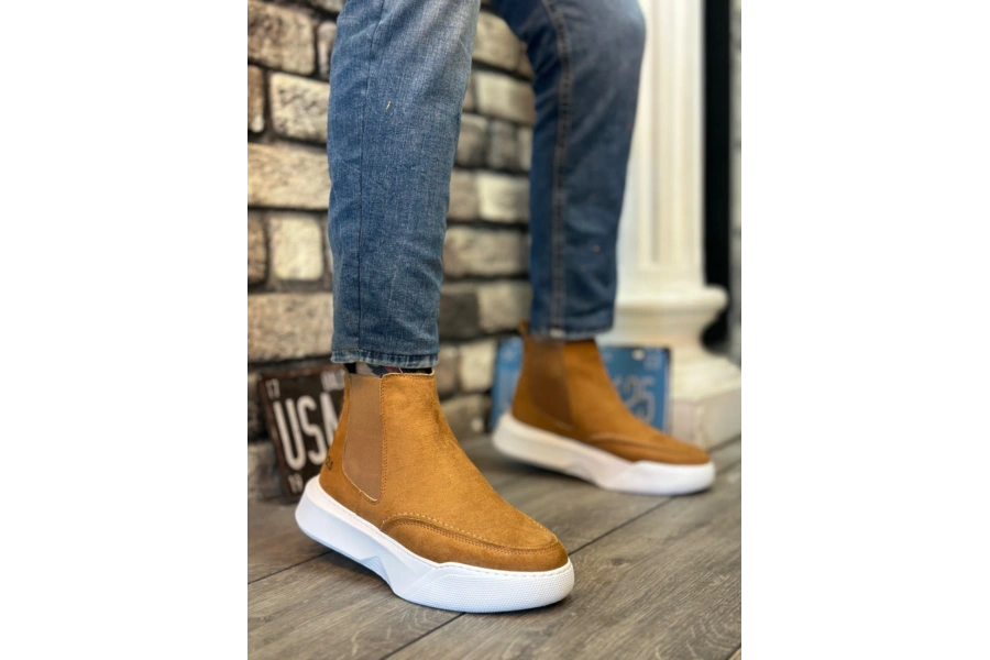 Shoecide Sb0150 Bağcıksız Erkek Taba Süet Beyaz Yüksek Taban Spor Bot