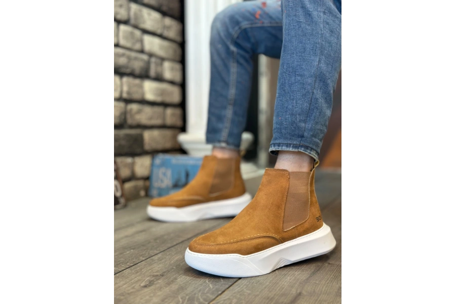 Shoecide Sb0150 Bağcıksız Erkek Taba Süet Beyaz Yüksek Taban Spor Bot