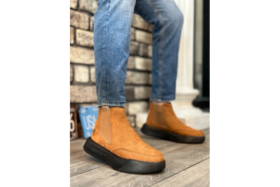 Shoecide Sb0150 Bağcıksız Erkek Taba Süet Siyah Yüksek Taban Spor Bot
