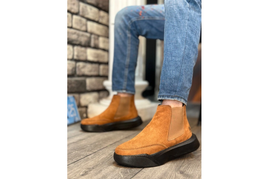 Shoecide Sb0150 Bağcıksız Erkek Taba Süet Siyah Yüksek Taban Spor Bot