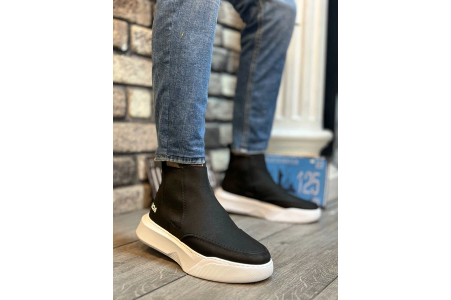 Shoecide Sb0150 Bağcıksız Erkek Yüksek Taban Cilt Siyah Beyaz Spor Bot