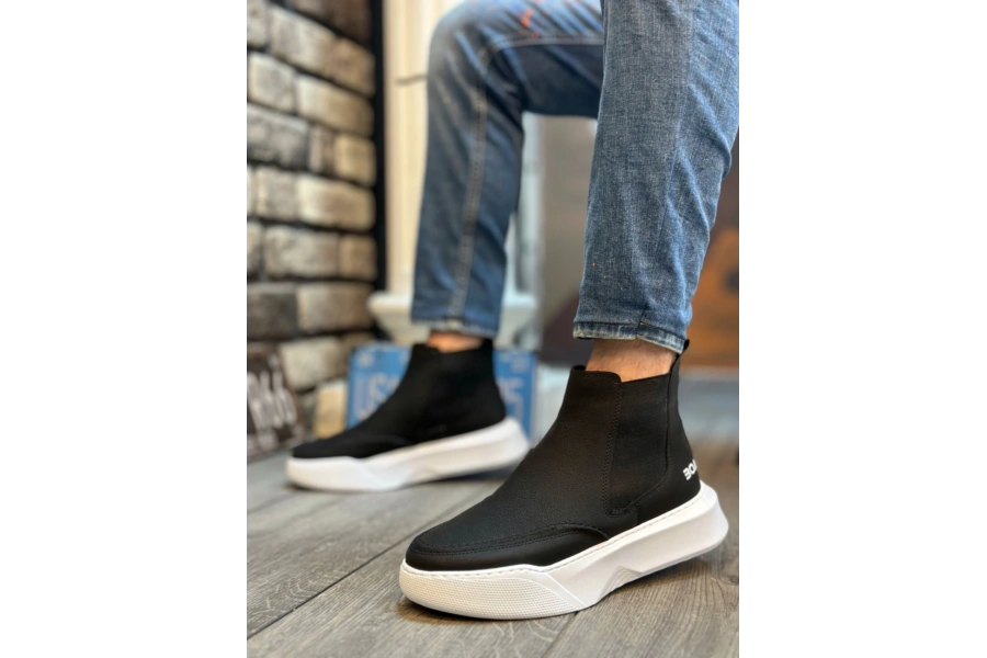 Shoecide Sb0150 Bağcıksız Erkek Yüksek Taban Cilt Siyah Beyaz Spor Bot