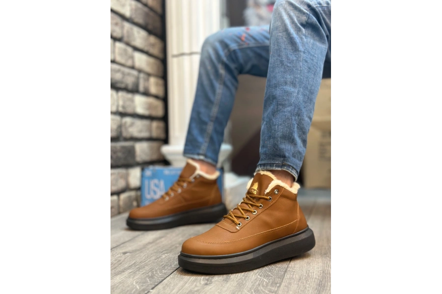 Shoecide Sb0151 İçi Kürklü Bağcıklı Açık Taba Erkek Tarz Spor Bot