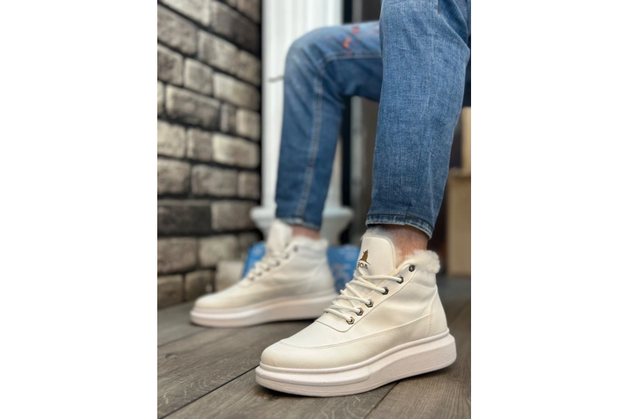Shoecide Sb0151 İçi Kürklü Bağcıklı Beyaz Erkek Tarz Spor Bot
