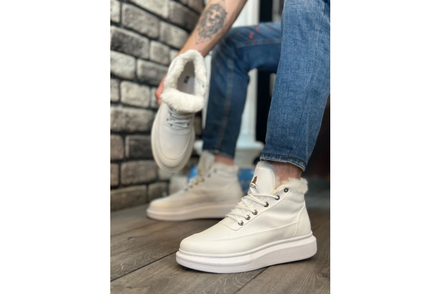 Shoecide Sb0151 İçi Kürklü Bağcıklı Beyaz Erkek Tarz Spor Bot