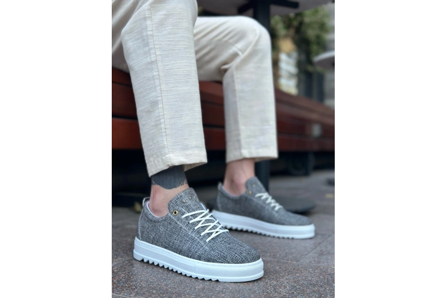 Shoecide Sb0152 Bağcıklı Yüksek Taban Gri Kırçıllı Keten Erkek Ayakkabı