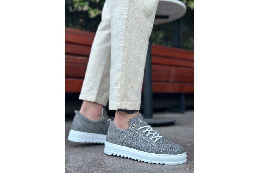 Shoecide Sb0152 Bağcıklı Yüksek Taban Gri Kırçıllı Keten Erkek Ayakkabı