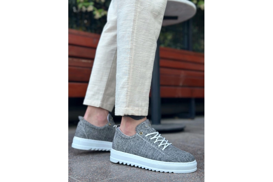 Shoecide Sb0152 Bağcıklı Yüksek Taban Gri Kırçıllı Keten Erkek Ayakkabı