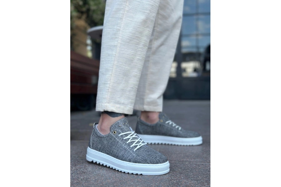 Shoecide Sb0152 Bağcıklı Yüksek Taban Gri Kırçıllı Keten Erkek Ayakkabı