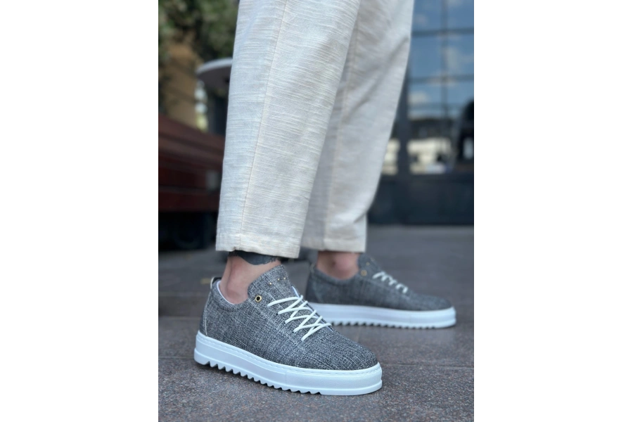 Shoecide Sb0152 Bağcıklı Yüksek Taban Gri Kırçıllı Keten Erkek Ayakkabı