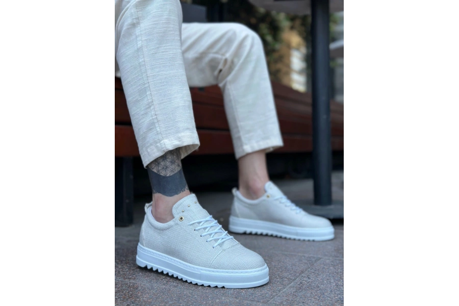 Shoecide Sb0152 Bağcıklı Yüksek Taban Krem Keten Erkek Ayakkabı