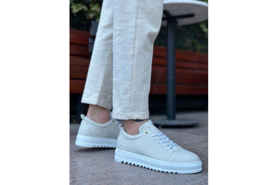 Shoecide Sb0152 Bağcıklı Yüksek Taban Krem Keten Erkek Ayakkabı