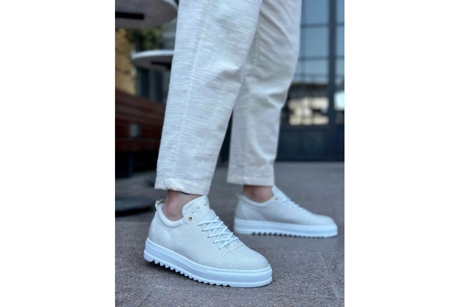 Shoecide Sb0152 Bağcıklı Yüksek Taban Krem Keten Erkek Ayakkabı